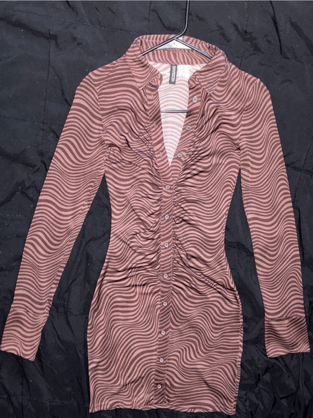 H&M Brown and Tan Wavy Stripe Ruched Button-Down dress